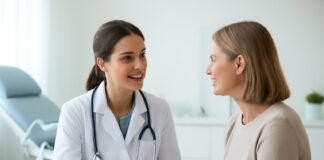 Σύγχρονο ιατρείο γυναικολογίας με γιατρό και γυναίκα στη συμβουλευτική συνεδρίαση, φωτεινό και καθαρό περιβάλλον