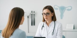 Ιατρός γυναικολόγος σε σύγχρονο ιατρείο να κάνει συμβουλευτική με ασθενή, με ιατρικό tablet και εξοπλισμό στο φόντο.