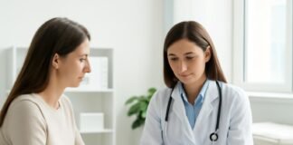 Ιατρική συνεδρία γυναικολόγου σε σύγχρονο ιατρείο για πρόκληση ωορρηξίας και υποβοήθηση σύλληψης, φωτεινό επαγγελματικό περιβάλλον, χωρίς στοιχεία ανατομίας ή γυμνό