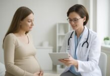 Γυναίκα και γυναικολόγος σε σύγχρονο ιατρείο συζητούν θεραπευτικό πλάνο με tablet