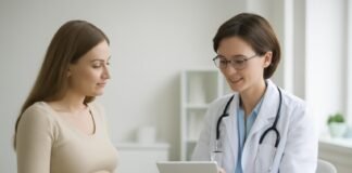 Γυναίκα και γυναικολόγος σε σύγχρονο ιατρείο συζητούν θεραπευτικό πλάνο με tablet
