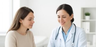 Γυναικολογικός γιατρός σε σύγχρονο ιατρείο συμβουλεύει γυναίκα ασθενή με tablet στις εγκαταστάσεις της κλινικής στη Γλυφάδα