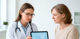 Γυναικολόγος σε σύγχρονο ιατρείο συμβουλεύει ασθενή με χρήση tablet και διαγνωστικά γραφικά στην οθόνη, προληπτική γυναικολογική εξέταση