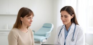 Σύγχρονο ιατρείο γυναικολογίας με γιατρό και ασθενή σε συμβουλευτική συνεδρία με tablet, φωτεινή ατμόσφαιρα και καθαρό κλίμα