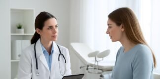 Σύγχρονη γυναικολογική συμβουλευτική σε φωτεινό ιατρείο με ιατρό και ασθενή χρησιμοποιώντας tablet για συζήτηση θεραπείας, ιατρικός εξοπλισμός στο φόντο