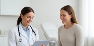 Σύγχρονο ιατρικό ιατρείο με γυναίκα ασθενή και γιατρό που συμβουλεύει χρησιμοποιώντας tablet σε φωτεινό, καθαρό περιβάλλον, αντιπροσωπευτικό της φαρμακευτικής και χειρουργικής θεραπείας βαριάς περιόδου, Δρ Ιωάννης Δημητρακόπουλος, Γλυφάδα
