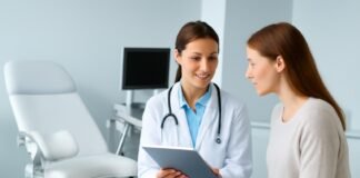 Σύγχρονο γυναικολογικό ιατρείο με γιατρό και ψηφιακό εξοπλισμό για υποστήριξη διατροφής και γονιμότητας