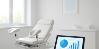 Φωτεινό σύγχρονο ιατρείο γυναικολογίας με tablet που δείχνει αφηρημένα ιατρικά διαγράμματα διατροφής