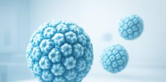 Αφηρημένα στοιχεία ιού HPV σε ιατρικό, φωτεινό και σύγχρονο περιβάλλον