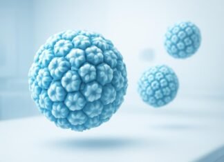 Αφηρημένα στοιχεία ιού HPV σε ιατρικό, φωτεινό και σύγχρονο περιβάλλον