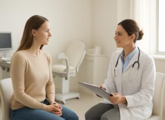 Στοχευμένη Θεραπεία HPV: Laser και Συνδυαστικές Μέθοδοι στη Γυναικολογία Σύγχρονο γυναικολογικό ιατρείο με ιατρικό εξοπλισμό και ασθενή σε εξέταση