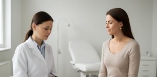 Σύγχρονο γυναικολογικό ιατρείο με γιατρό και ασθενή κατά την προετοιμασία ραντεβού για HPV και κονδυλώματα