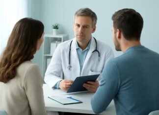 Συμβουλευτική Ζεύγους για HPV και Κονδυλώματα: Υποστήριξη και Θεραπεία στη Γλυφάδα Δρ. Ιωάννης Δημητρακόπουλος συμβουλεύει ζευγάρι ασθενών σε ιατρείο με φάκελο και ημερολόγιο επανελέγχου
