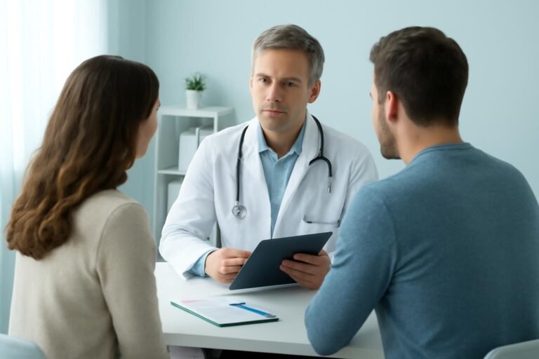 Δρ. Ιωάννης Δημητρακόπουλος συμβουλεύει ζευγάρι ασθενών σε ιατρείο με φάκελο και ημερολόγιο επανελέγχου
