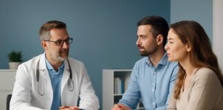 Ιατρική συζήτηση συμβουλευτικής ζεύγους για HPV και κονδυλώματα στο ιατρείο στη Γλυφάδα
