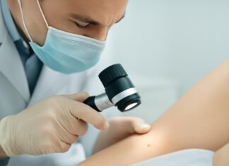 Ιατρική εξέταση κονδυλωμάτων HPV με ισχυρό φωτισμό και φακό