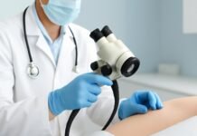 Γιατρός εξετάζει κονδυλώματα HPV με ειδικό εξοπλισμό σε ιατρικό κέντρο