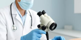 Γιατρός εξετάζει κονδυλώματα HPV με ειδικό εξοπλισμό σε ιατρικό κέντρο