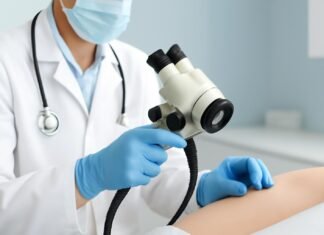 Γιατρός εξετάζει κονδυλώματα HPV με ειδικό εξοπλισμό σε ιατρικό κέντρο