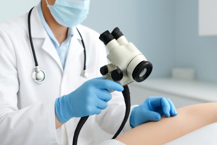 Γιατρός εξετάζει κονδυλώματα HPV με ειδικό εξοπλισμό σε ιατρικό κέντρο
