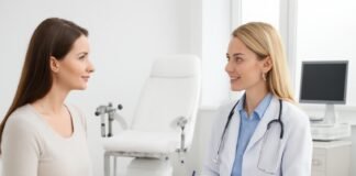 Γυναικολογικό ιατρείο με ιατρό και ασθενή σε συμβουλευτική συνεδρία, φωτεινό και σύγχρονο περιβάλλον με εξοπλισμό, χωρίς ιατρική ανατομία ή ευαίσθητο περιεχόμενο