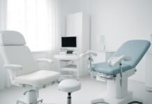Σύγχρονο γυναικολογικό ιατρείο με φωτεινό φωτισμό και ιατρικό εξοπλισμό για συμβουλευτική