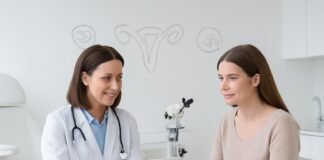 Μοντέρνο ιατρείο γυναικολογίας με εξοπλισμό, συμβολικά διαγνωστικά στοιχεία και γυναίκα ασθενή με γυναικολόγο σε συνεδρίαση, επαγγελματικό περιβάλλον, φωτεινό και καθαρό χώρο, 16 προς 9 αναλογία, χωρίς κείμενο στο εικαστικό, επαγγελματική φωτογράφηση για ιατρικό website. Δρ. Ιωάννης Δημητρακόπουλος • Μαιευτήρας - Χειρουργός Γυναικολόγος