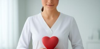 Φιγούρα γυναίκας σε ήρεμο ιατρικό περιβάλλον με χέρι στο κάτω μέρος της κοιλιάς