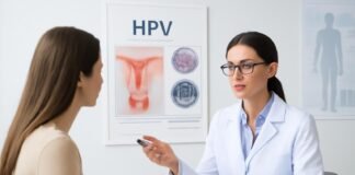 Ιατρική συμβουλευτική με γιατρό που εξηγεί πληροφορίες για τον ιό HPV σε ασθενή