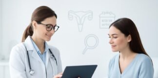 Φωτεινό σύγχρονο ιατρείο με ιατρικό εξοπλισμό και ψηφιακή συμβουλευτική για γυναικολογία