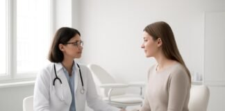 Σύγχρονο γυναικολογικό ιατρείο με γιατρό και ασθενή σε συμβουλευτική συνεδρίαση, φωτεινό και επαγγελματικό περιβάλλον