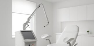Σύγχρονο ιατρικό γυναικολογικό laser εξοπλισμός σε φωτεινό ιατρείο