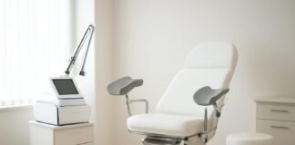 Σύγχρονο γυναικολογικό ιατρείο με ιατρικό εξοπλισμό για θεραπεία κονδυλωμάτων HPV