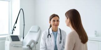 Σύγχρονο γυναικολογικό ιατρείο με ιατρό και ασθενή σε συμβουλευτική συνεδρία