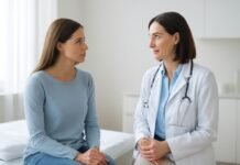 Γυναίκα σε ιατρική συμβουλευτική με γυναικολόγο σε καθαρό, σύγχρονο ιατρείο