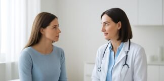 Γυναίκα σε ιατρική συμβουλευτική με γυναικολόγο σε καθαρό, σύγχρονο ιατρείο