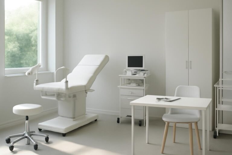Φωτεινό και σύγχρονο ιατρείο γυναικολογίας με ιατρικό εξοπλισμό και χώρο συμβουλευτικής