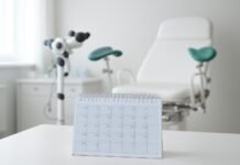 Σύγχρονο γυναικολογικό ιατρείο με εξοπλισμό και ημερολόγιο για σχεδιασμό ραντεβού με τον γιατρό, φωτεινό και επαγγελματικό περιβάλλον
