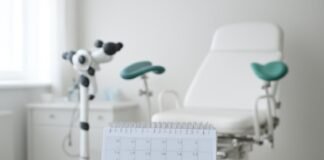 Σύγχρονο γυναικολογικό ιατρείο με εξοπλισμό και ημερολόγιο για σχεδιασμό ραντεβού με τον γιατρό, φωτεινό και επαγγελματικό περιβάλλον