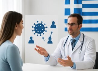 Ιατρός εξηγεί τη μετάδοση του HPV σε ασθενή σε ιατρική κλινική