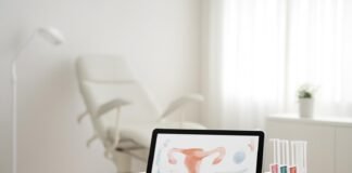 Σύγχρονο γυναικολογικό εξεταστήριο με tablet και εργαστηριακά σύμβολα σε φωτεινό περιβάλλον, Γλυφάδα