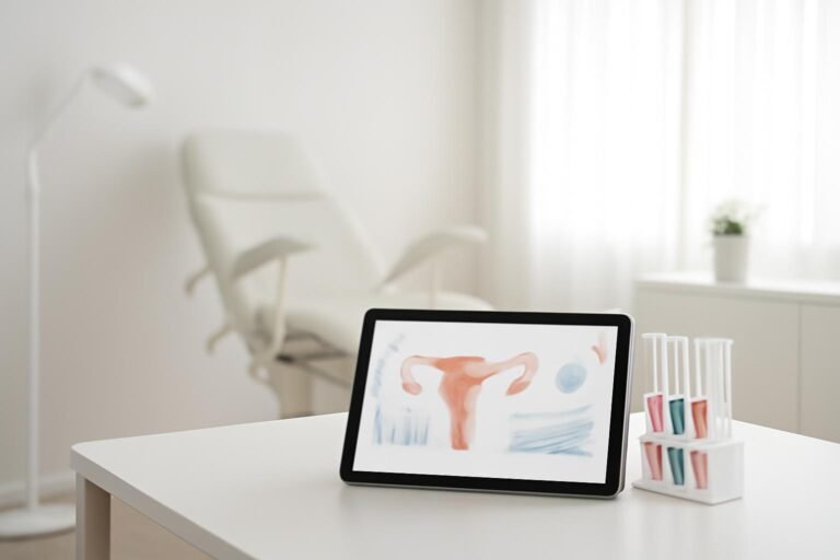 Σύγχρονο γυναικολογικό εξεταστήριο με tablet και εργαστηριακά σύμβολα σε φωτεινό περιβάλλον, Γλυφάδα