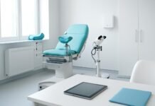 Ιατρείο γυναικολογίας με σύγχρονο εξοπλισμό και ψηφιακή συσκευή σε φωτεινό χώρο