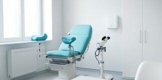 Ιατρείο γυναικολογίας με σύγχρονο εξοπλισμό και ψηφιακή συσκευή σε φωτεινό χώρο