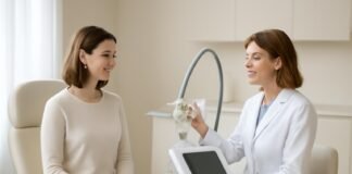 Σύγχρονο γυναικολογικό ιατρείο με εξοπλισμό laser σε χρήση κατά τη δήλωση