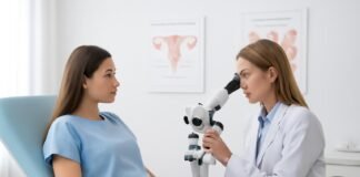 Εξέταση γυναικολογικού κονδυλωμάτων HPV στον εξεταστικό χώρο με κολποσκόπηση και ιατρικά όργανα
