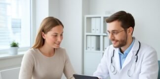 Γυναικολογική συνεδρία σε μοντέρνο ιατρείο με ιατρικό εξοπλισμό και ασθενή συζητώντας θεραπευτικό πλάνο στην Γλυφάδα, Ελλάδα