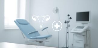 Bright modern gynecology consulting room with digital tablet and medical equipment in background, symbolizing advanced diagnostic approach in gynecology, professional and welcoming environment, no people visible, natural lighting, clinical setting with emphasis on precision and care.