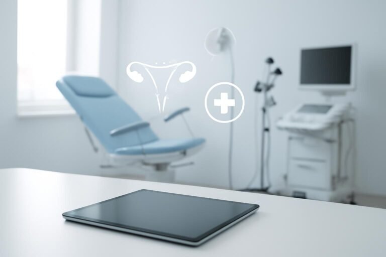 Bright modern gynecology consulting room with digital tablet and medical equipment in background, symbolizing advanced diagnostic approach in gynecology, professional and welcoming environment, no people visible, natural lighting, clinical setting with emphasis on precision and care.