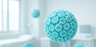 Abstract illustration of HPV virus elements with dermatological and gynecological medical environment